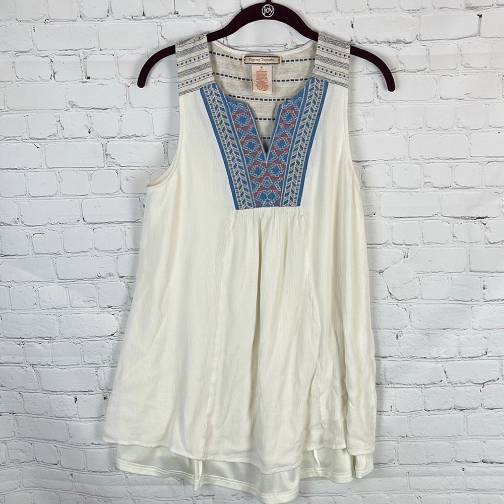 Anthropologie Cream Tunic with Blue & Pink Embroidered Yoke